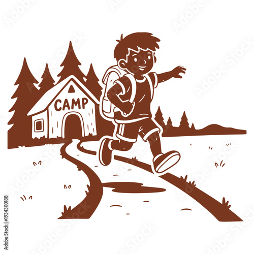 Cartoon boy excitedly running to summer camp adventure with backpack in forest environment illustration and fun camping lifestyle scene