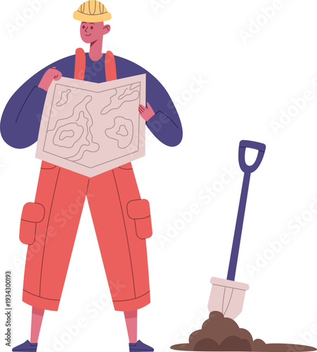 Explorer holding map planning excavation with shovel