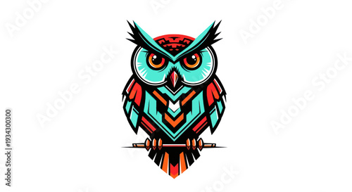 Vibrant illustrated owl perched on branch against white background