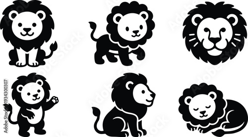 Cute flat design lion icon set six views including sitting walking face badge waving sleeping side profile and playful standing cute black silhouette collection vector monochrome