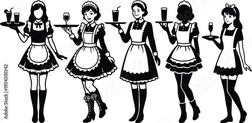 Vintage maid costume silhouettes close up five waitresses serving drinks on trays in playful retro vector art side view black and white mood high contrast illustration
