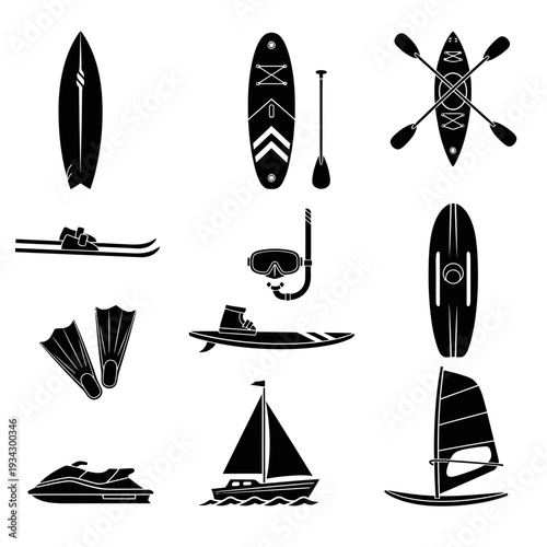 A collection of various water sports equipment illustrations