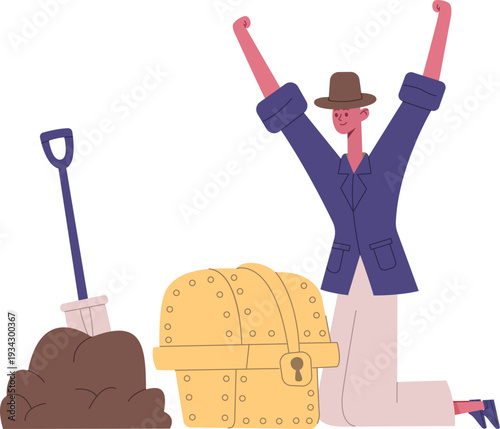 Explorer finding treasure chest celebrating discovery success