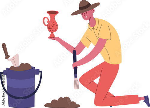 Archaeologist discovering ancient pottery during historical excavation