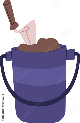 Gardening bucket with soil and gardening trowel