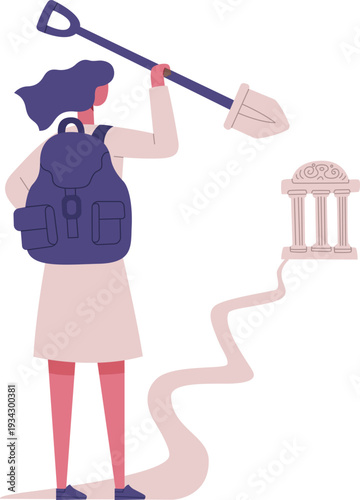 Woman exploring educational architecture with shovel backpack