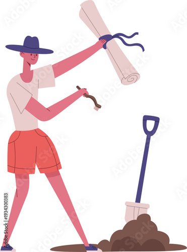 Explorer discovering ancient map during archaeological excavation