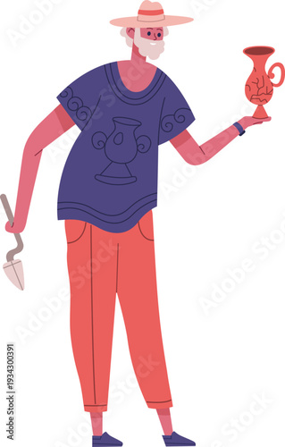 Archaeologist holding ancient pottery vase finding historical artifact