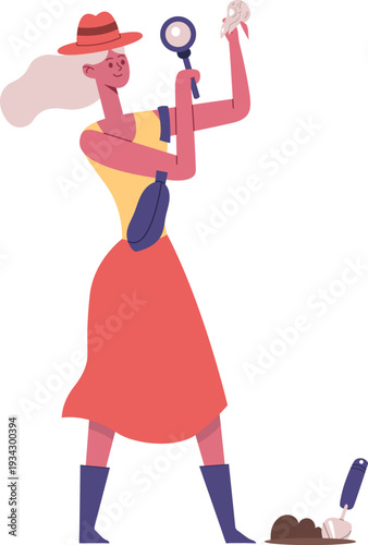 Female archaeologist examining fossil finding skull with magnifying glass