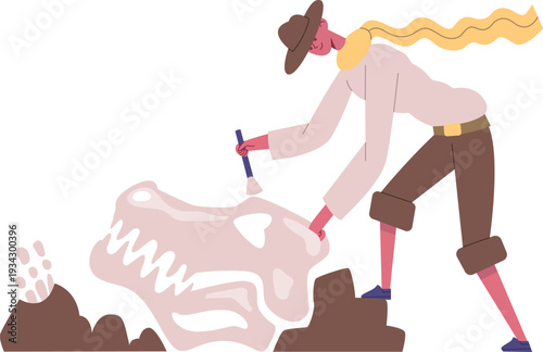 Woman paleontologist discovering dinosaur fossil during excavation