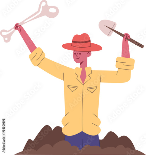 Archaeologist discovering ancient bone excavating ground with shovel