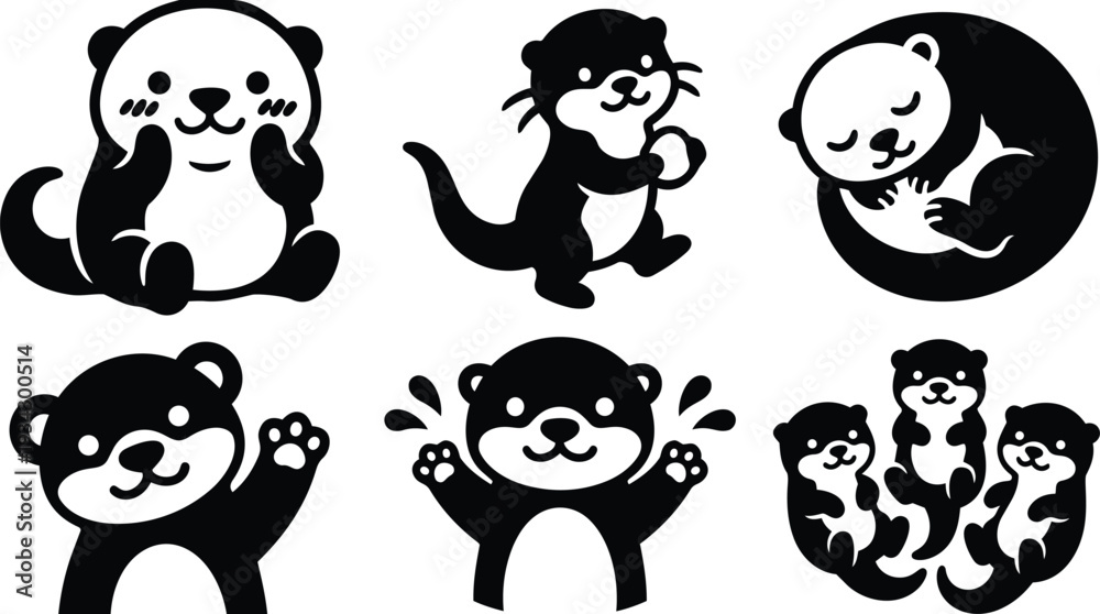 Fototapeta premium Cute minimalist vector otter icons set showing close up smiling otter waving holding shell sleeping curled trio composition flat style black and white playful friendly badge