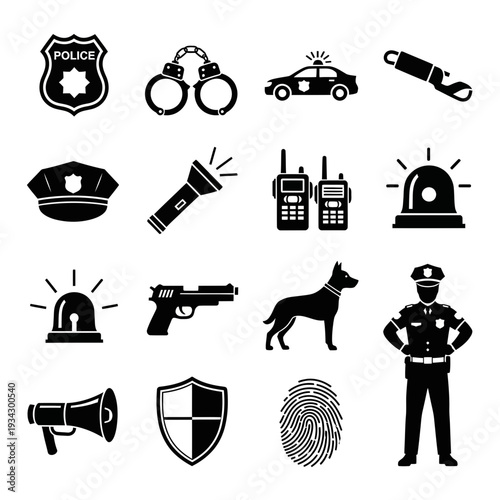 A collection of black and white icons related to law enforcement and crime