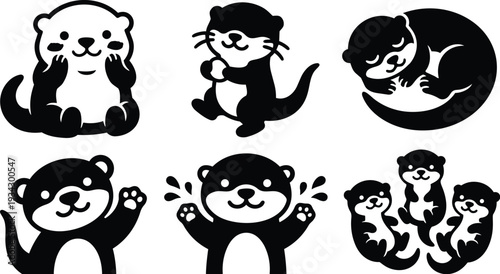 Minimalist vector otter character set showing playful sleeping waving hugging and smiling otters in flat black silhouettes with cute front facing paw raised circle badge background