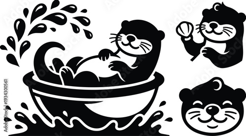 Cute otter vector art close up playful otter reclining in bowl splashing water holding shell smiling face multiple badge icons simple black silhouette flat minimalist friendly