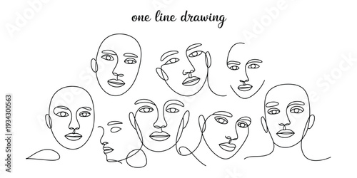 Minimalist one line drawing of diverse human faces collection