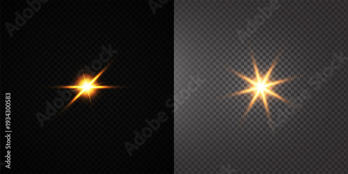 Glowing Golden Star Light Effect with Sparkle Rays and Lens Flare Illumination on Transparent Background