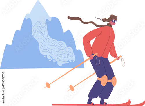 Person skiing down snowy mountain with avalanche