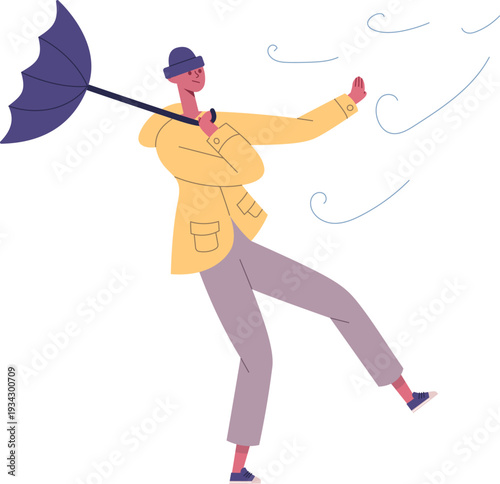 Person struggling against strong wind holding inverted umbrella