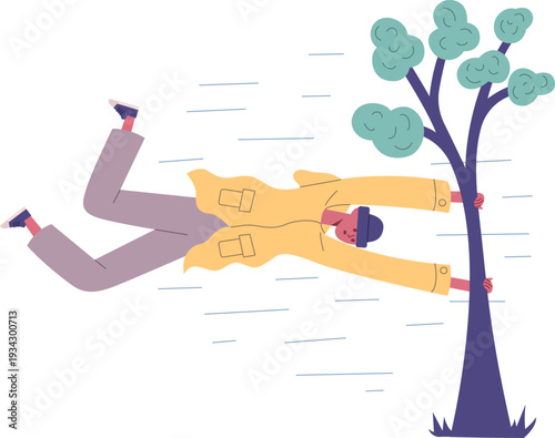 Person resisting strong wind holding onto tree