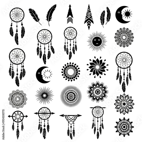 A collection of dreamcatcher and celestial designs