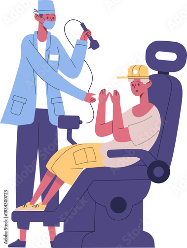 Doctor examining young patient showing fear and apprehension