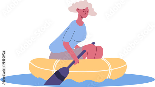 Woman enjoying leisure activity paddling inflatable raft on water