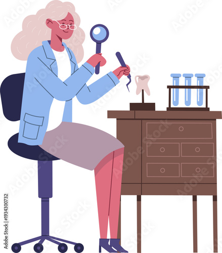 Woman studying tooth model with dental tools