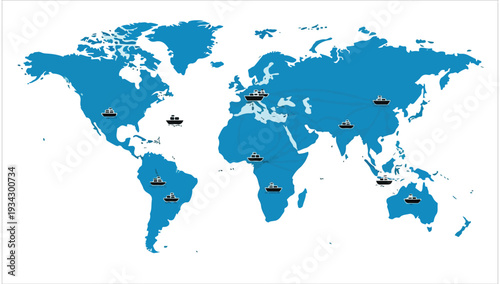 A world map illustrating global shipping routes and maritime transport with multiple ship icons indicating international logistics and trade.