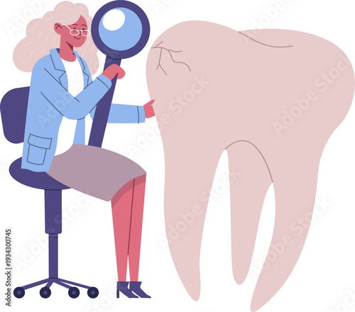 Dentist examining cracked molar tooth with magnifying glass