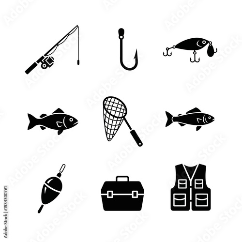 A collection of black and white fishing icons