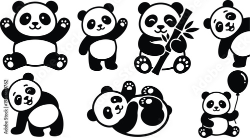 Vector art set of playful panda icons showing sitting waving eating bamboo holding balloon peeking rolling over cute faces paw prints flat simple bold black white