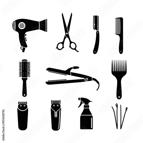 A collection of hairdressing tools and equipment
