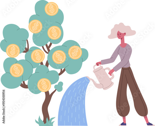 Woman watering money tree, growing financial investment