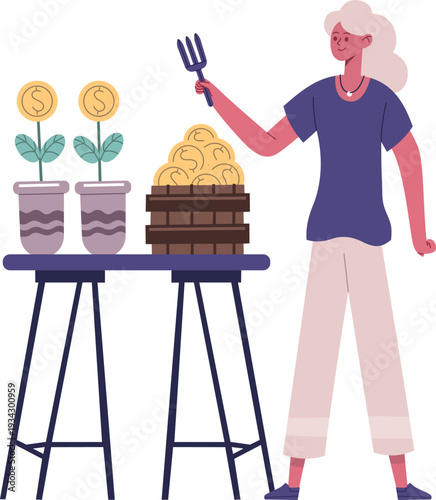 Woman growing money plants illustrating financial investment and wealth