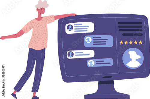 Woman interacting with chat online message interface