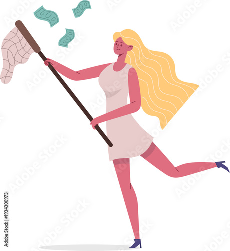 Woman catching money with a net, pursuing financial opportunity