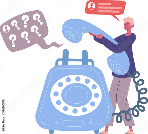 Man having communication problem with vintage telephone