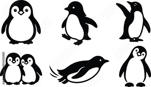 Minimalist vector penguin icons showing standing waddling sliding flapping poses with baby chicks close up side profile and playful curved silhouettes on white background clean simple