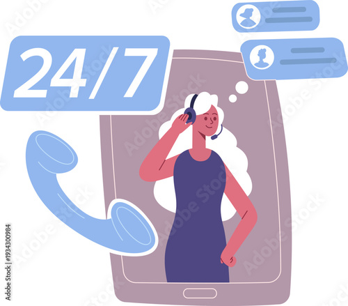 Call center employee offering 247 customer support service