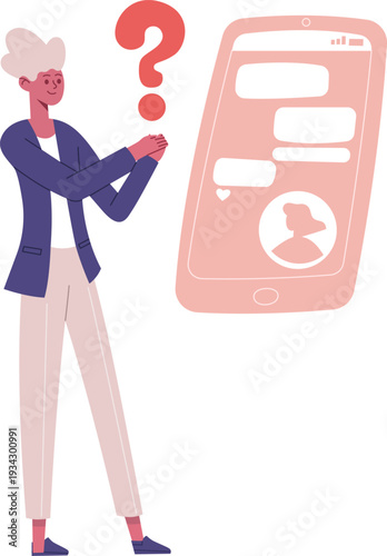 Person asking question about online message using smartphone