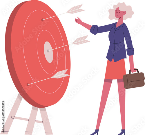 Businesswoman achieving goals hitting target with arrows