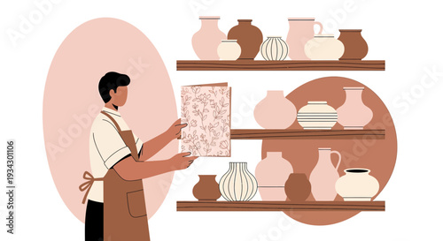 Pottery Studio Artist Arranging Ceramic Vases on Shelves