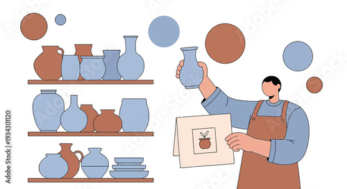 Pottery Studio Artisan Crafting Ceramics, Holding Vase and Design Sketch