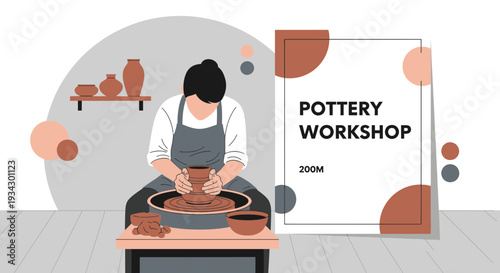 Pottery Workshop: Woman Shaping Clay on Potter's Wheel, Studio Craft