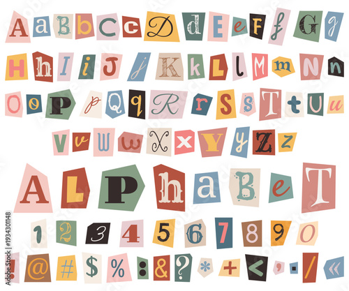 Multicolored letters, numbers and punctuation marks cut out from magazines and newspapers. English alphabet for collage in trendy style. Font for criminal ransom letters and detective stories