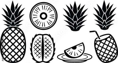 Minimalist black pineapple icon set flat design multiple views whole slice half coconut cup with straw top view side view isolated vector art simple silhouette collection