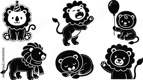 Cute sticker style lion cubs set showing sitting waving sleeping holding balloon wearing party hat and scarf in flat vector art black silhouette cutout outline playful