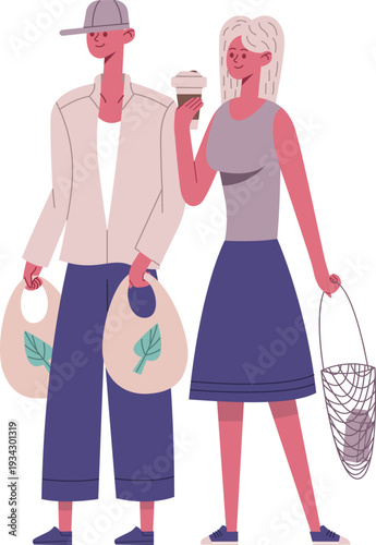 Couple holding reusable shopping bags promoting sustainability