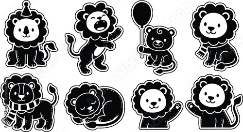 Minimalist sticker vector art close up eight cute lion characters sitting roaring sleeping waving holding balloon wearing party hat and scarf in black and white outline